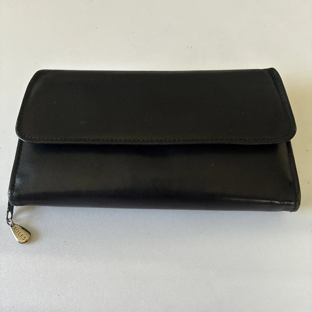 Rolfs Cowhide Black Leather Wallet Clutch Organizer Vintage Change Zipper